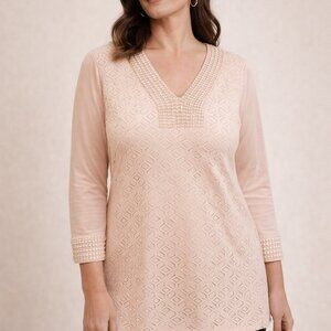 Roz & Ali Blush Pink Lace Tunic Top XL Cotton Blend Lined 3/4 Sleeve